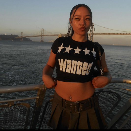 "wanted" micro ribbed baby tee with rhinestones