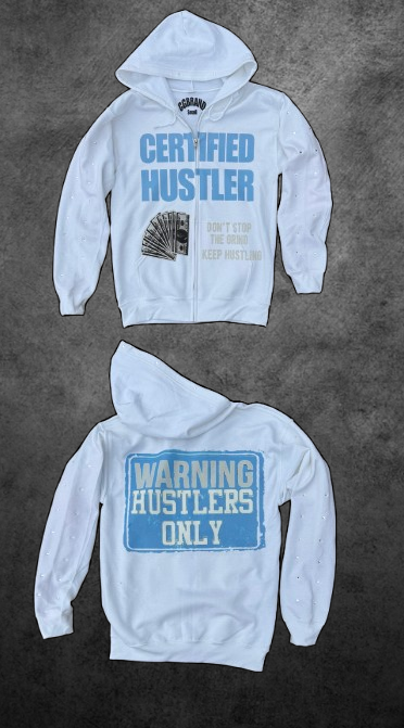 WHITE AND BLUE Certified Hustler Zip Up Hoodie